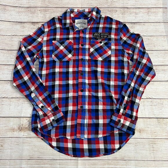 Aeropostale Mens Small Red Blue White Plaid Flannel Button Shirt Long Sleeve - Picture 1 of 12